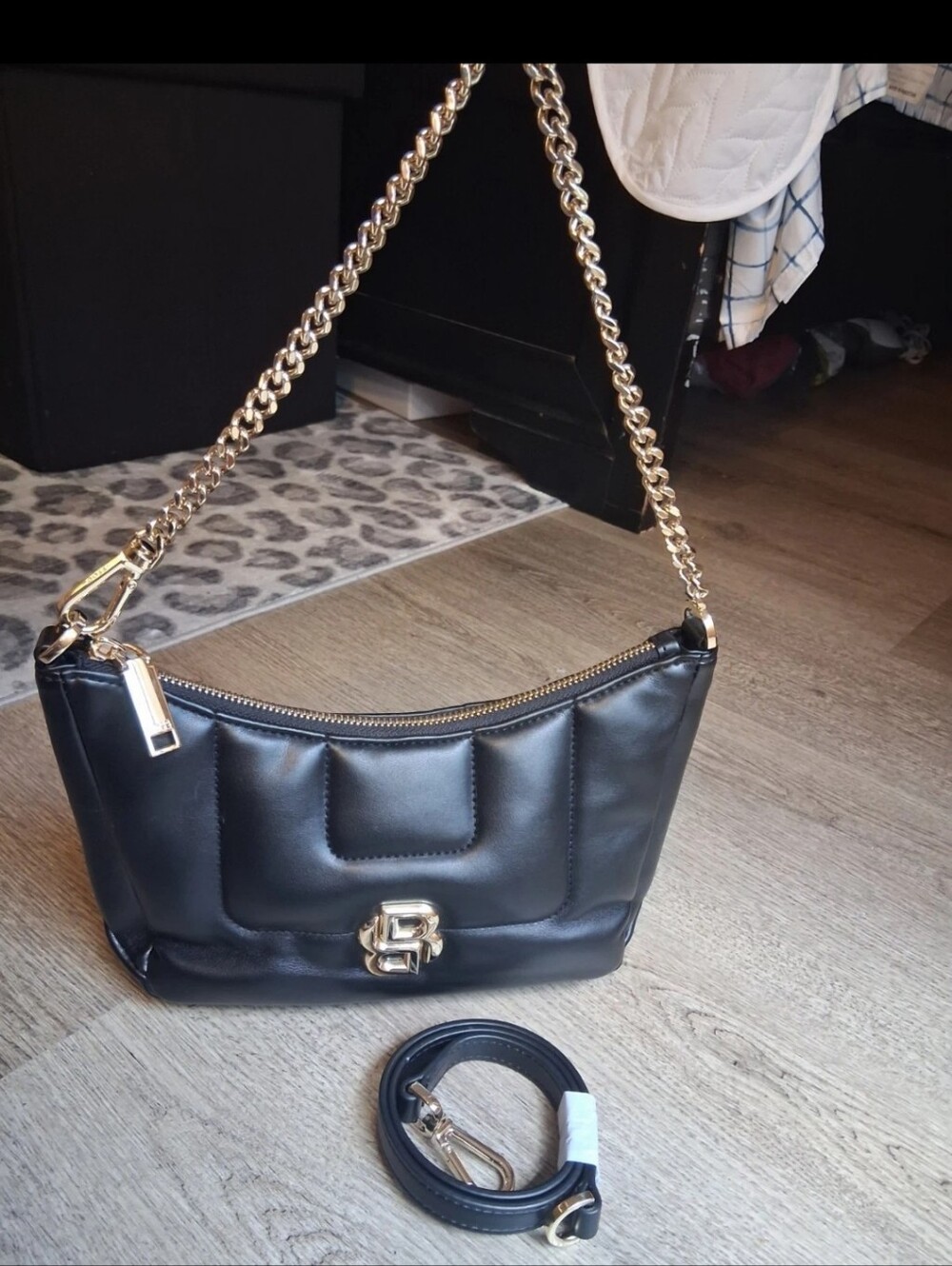 HUGO BOSS Double B Monogram Leather Shoulder Bag Black Convertible Crossbody